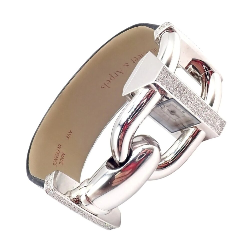 Authentic! Van Cleef & Arpels 18K White Gold Diamond Cadenas Alligator Watch
